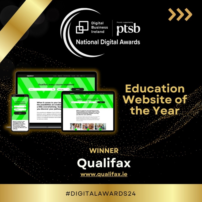A responsive image of Qualifax.ie is displayed next to the words “Education website of the year“.
