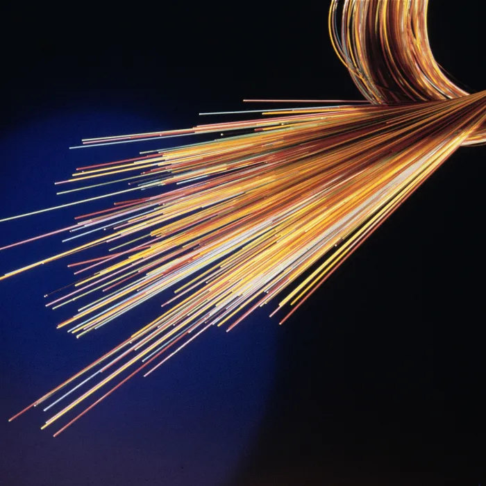 A section of fibre optic cable is foreground against a dark background