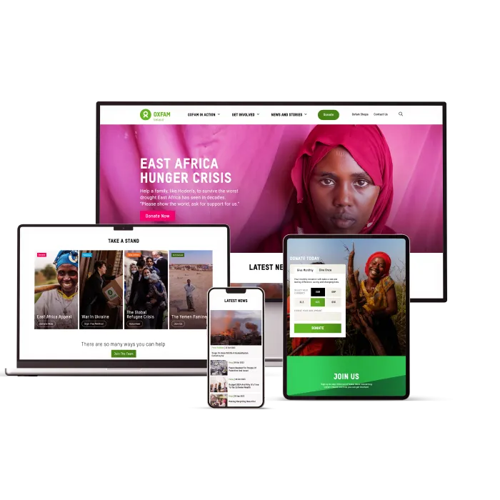 Oxfam Ireland website shown on different sized devices