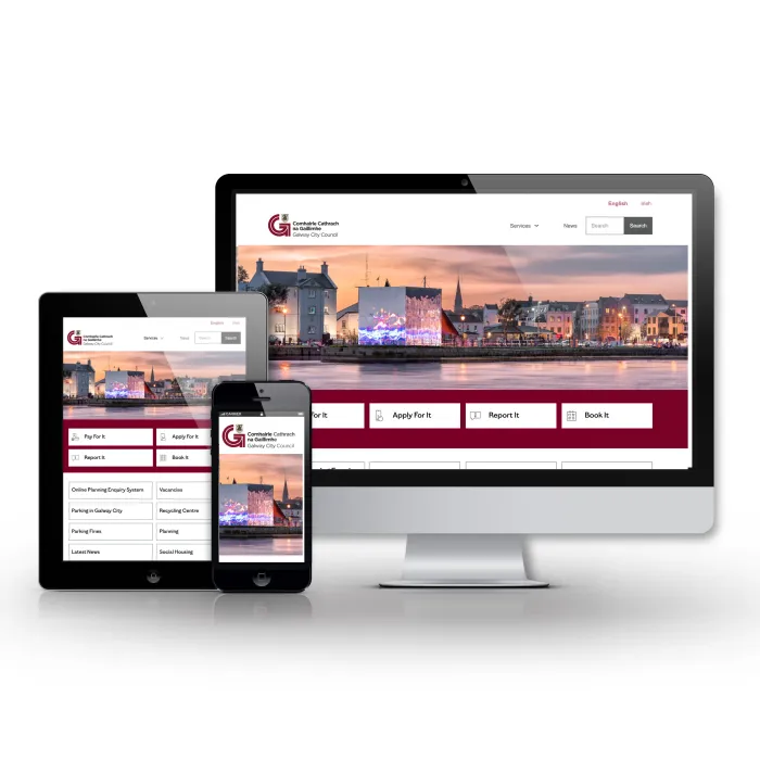 The new Galway City Council website is shown on a computer, tablet and phone.