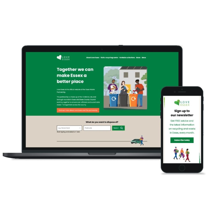 The Love Essex website is viewed on a phone and laptop.