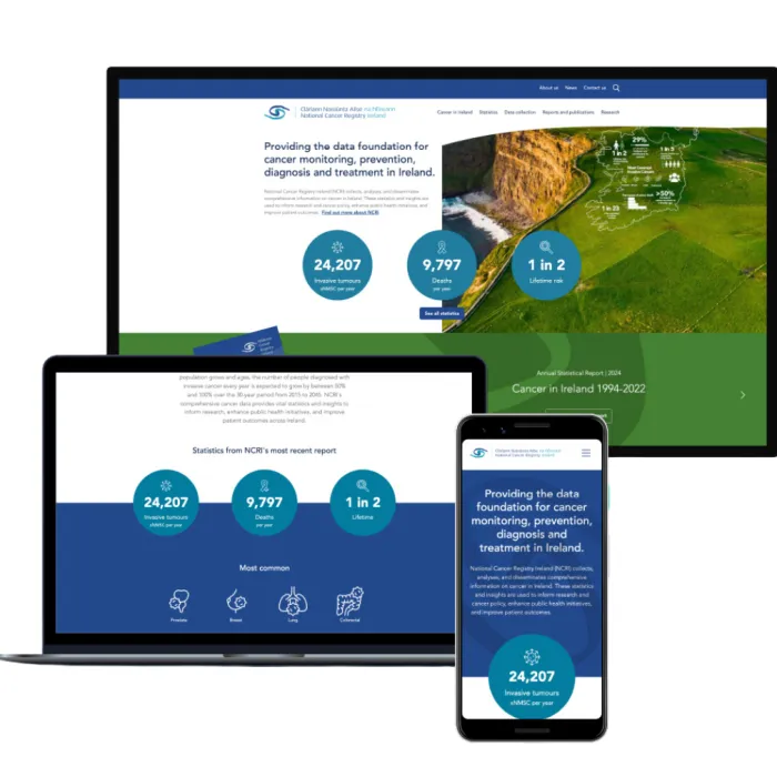 The NCRI website appears on a phone, laptop and computer screen.