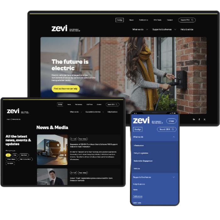 The Zevi website is seen on a phone, tablet and computer screen.