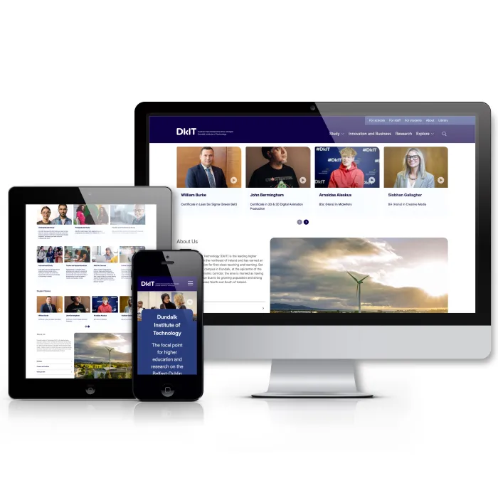 The new DkIT website appears on a computer, tablet and phone screen