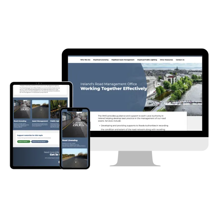 The Road Management Office website is seen on tablet, phone and computer screens