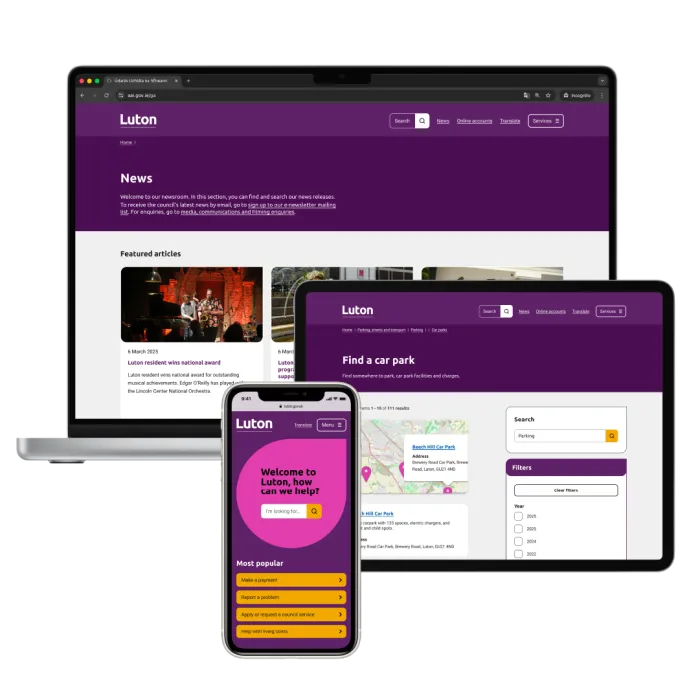 The Luton website is seen on a computer, tablet and phone screen.