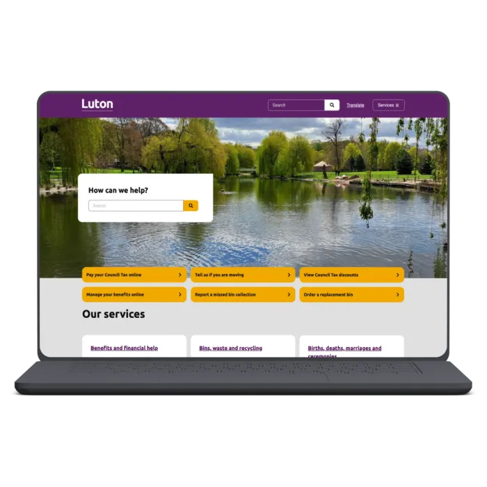 Luton's new website is open on a laptop.
