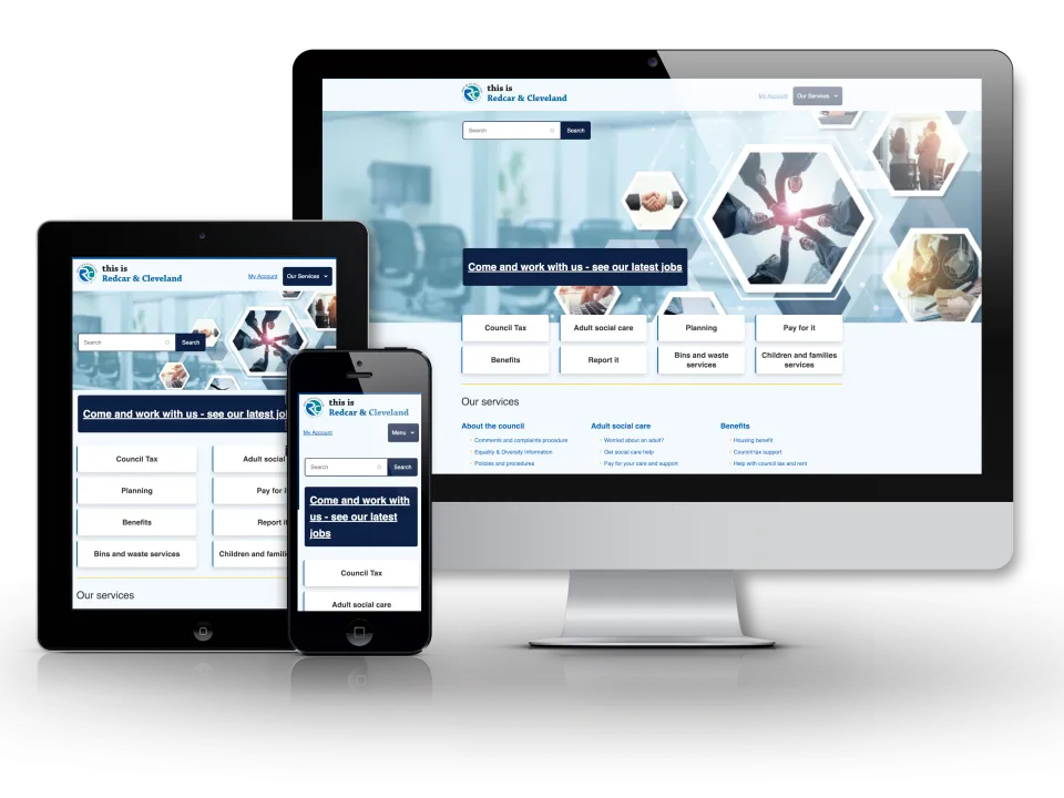 Redcar & Cleveland website homepage displayed on three different sized devices