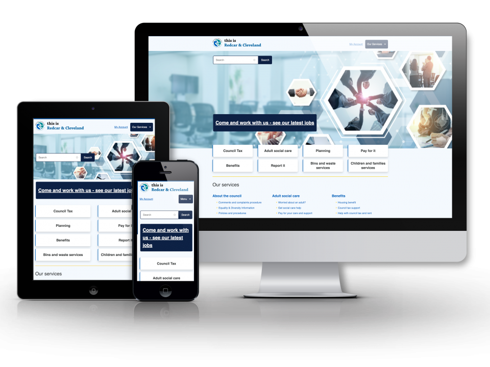 Redcar & Cleveland website homepage displayed on three different sized devices