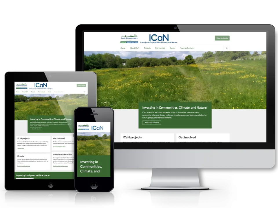 An image showing the iCaN website on a tablet, phone and computer screen.