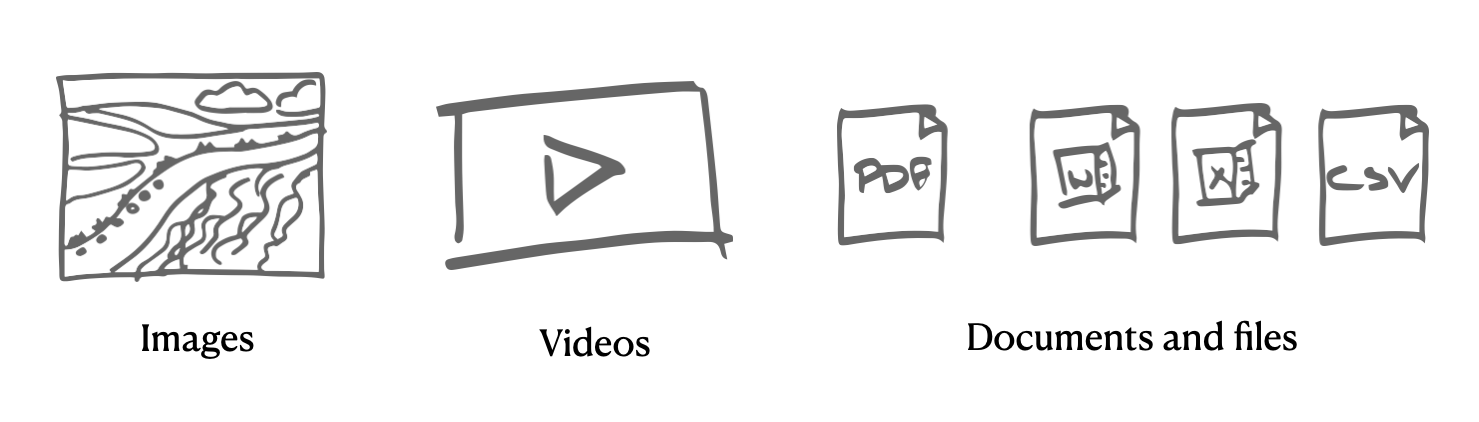Most commonly used media types are images, videos, documents and files.