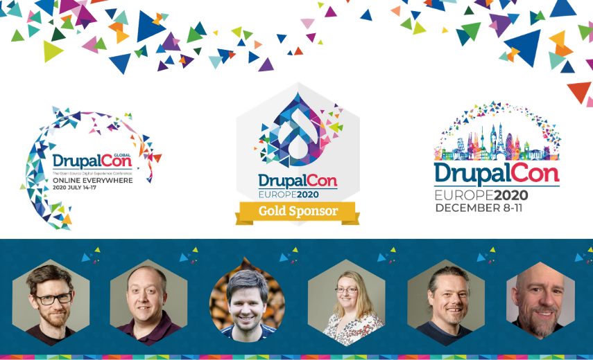 DrupalCon Global and Europe 2020 collage of speakers and sponsor badge