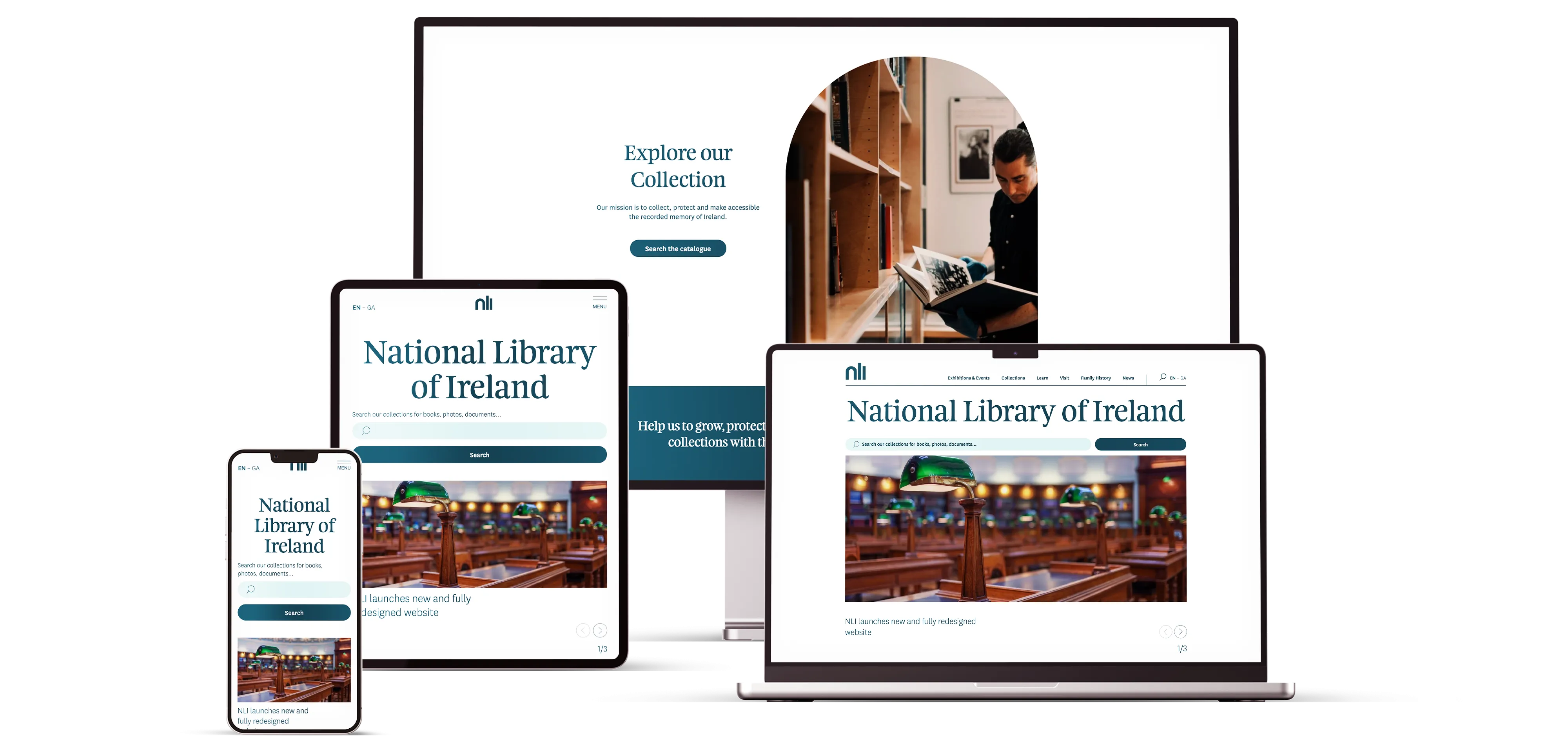 The National Library Ireland's new website as seen on a phone, tablet, notebook and computer screen.