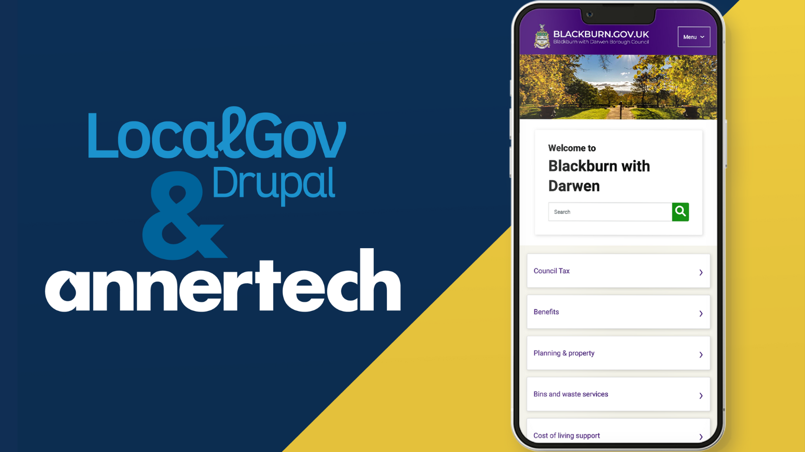 The LocalGov Drupal and Annertech logos appear next to a newly created website displayed on a phone.