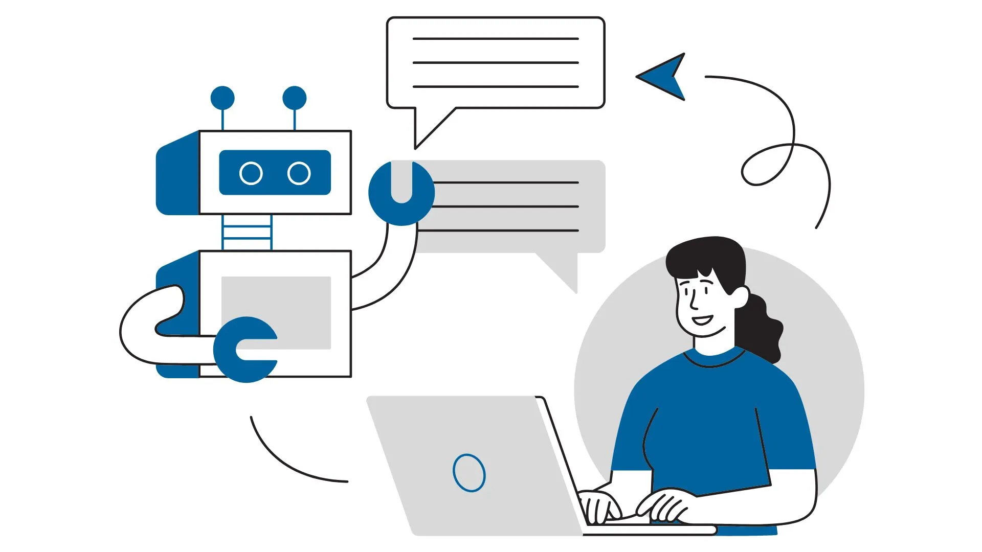 A woman types on her laptop, interacting with a chatbot