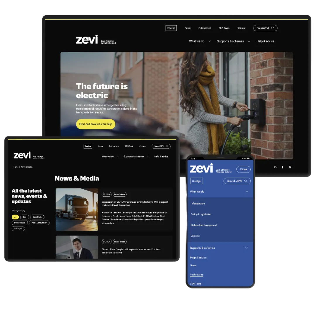 The Zevi website is seen on a phone, tablet and computer screen.