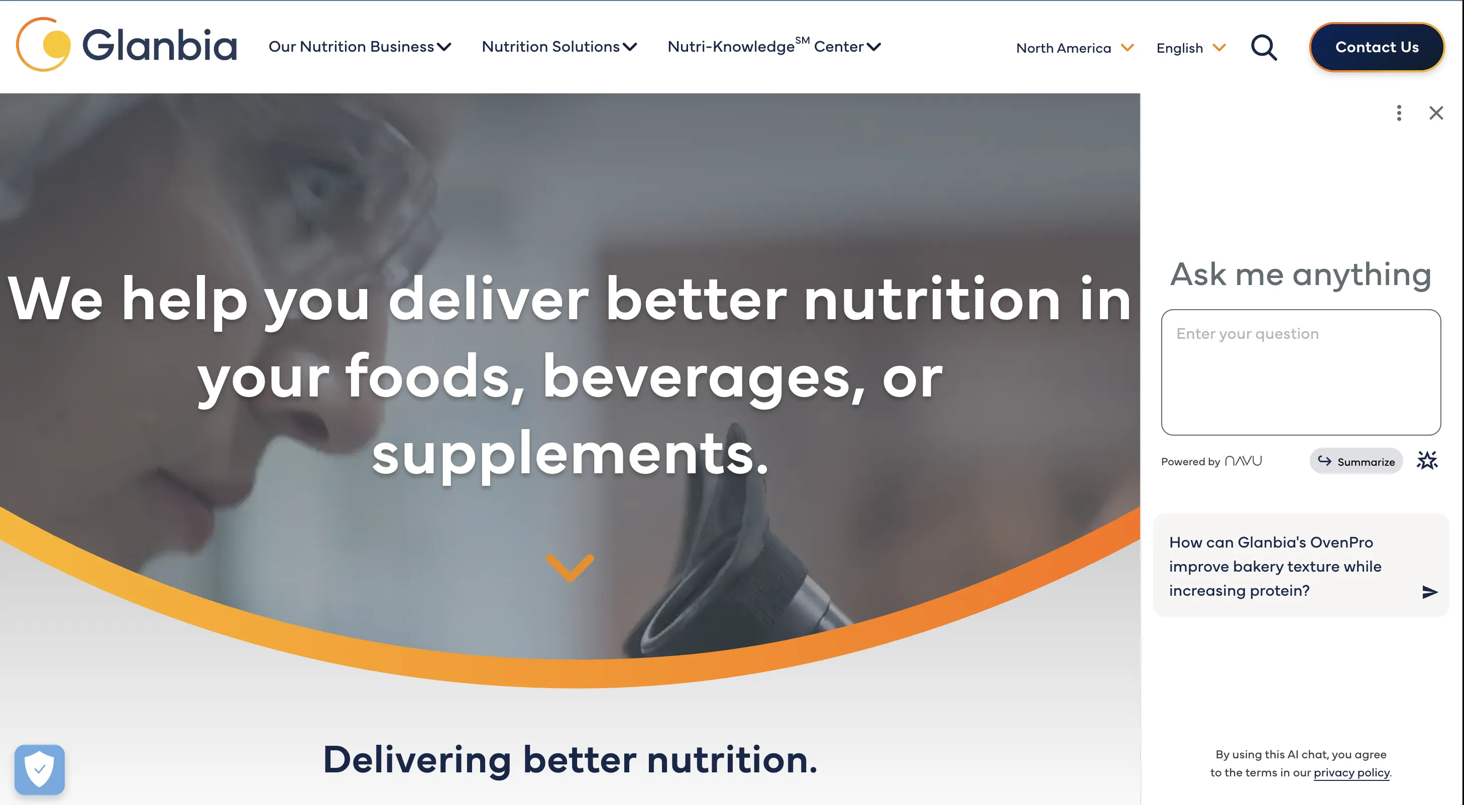 A screenshot of the Glanbia Nutrition website featuring its chatbot.