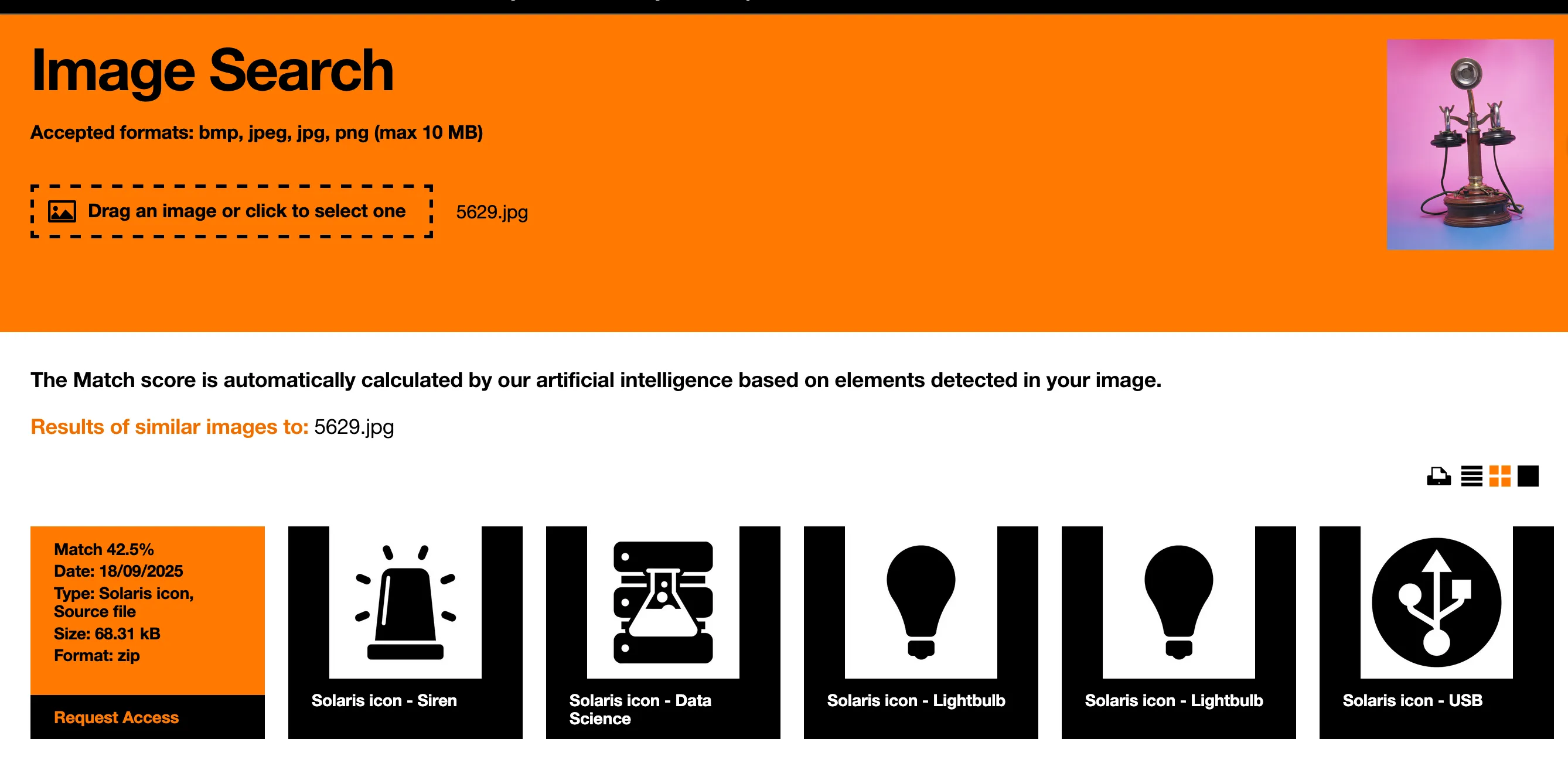 A screenshot of the Orange reverse image search in action.