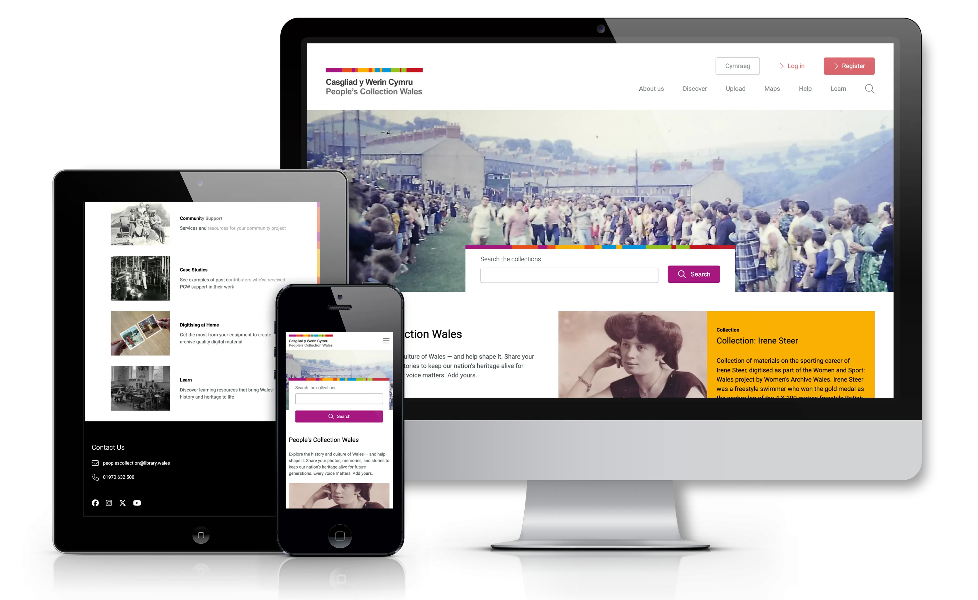 The new People's Collection of Wales website on a tablet, phone and computer screen
