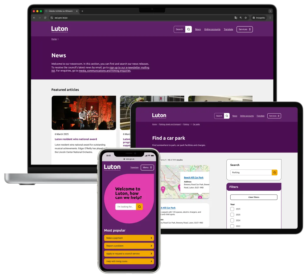 The Luton website is seen on a computer, tablet and phone screen.