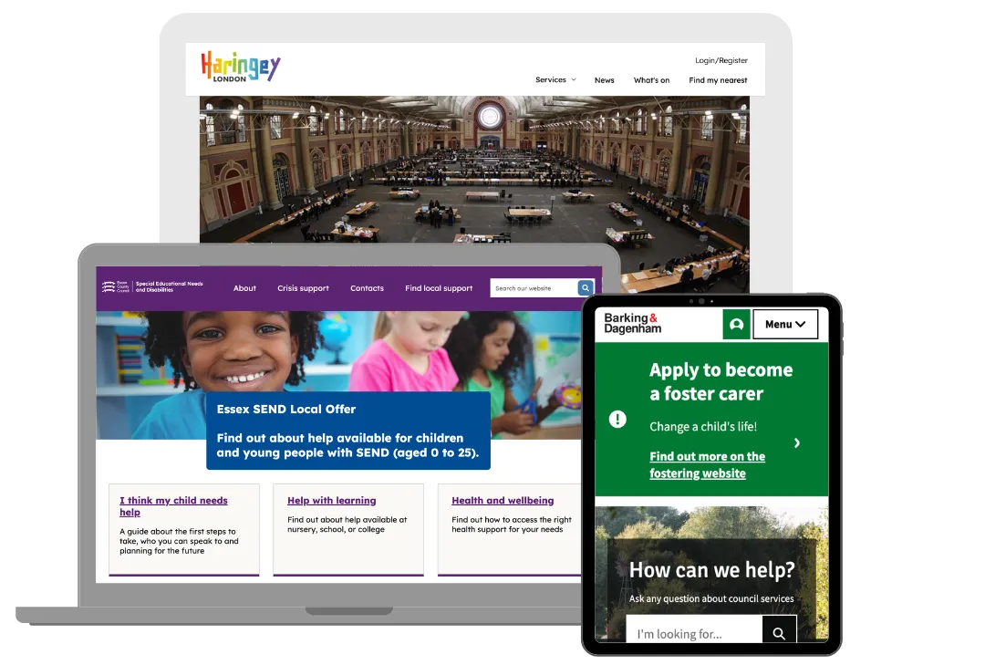 The websites of the London Borough of Haringey, Essex SEND and the London Borough of Barking & Dagenham are seen on computer and tablet screens.