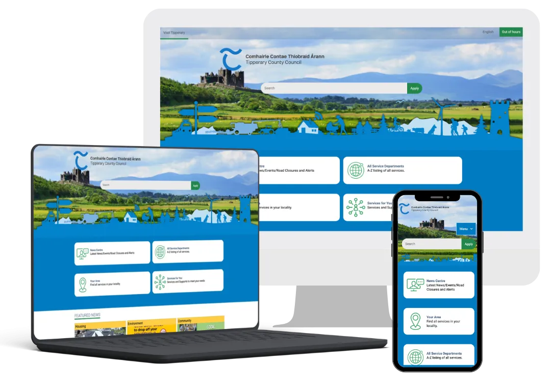 Tipperary County Council's new website appears on a laptop, computer and phone screen.