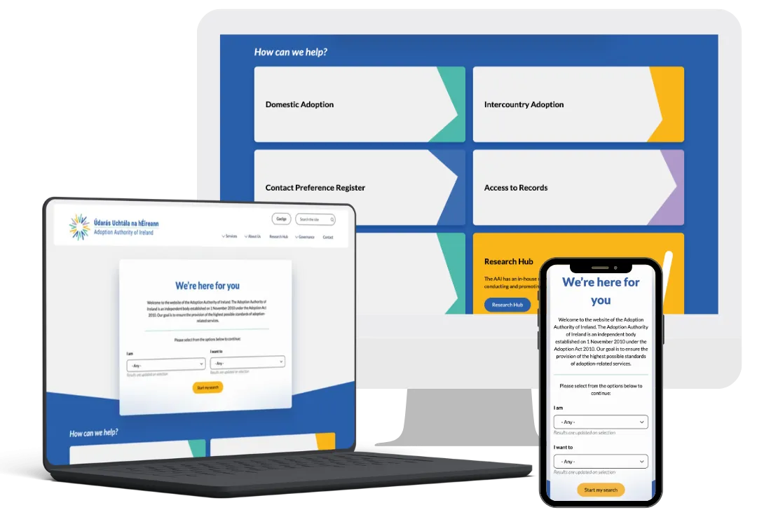 The new Adoption Authority of Ireland website is seen on laptop, computer and phone screens.