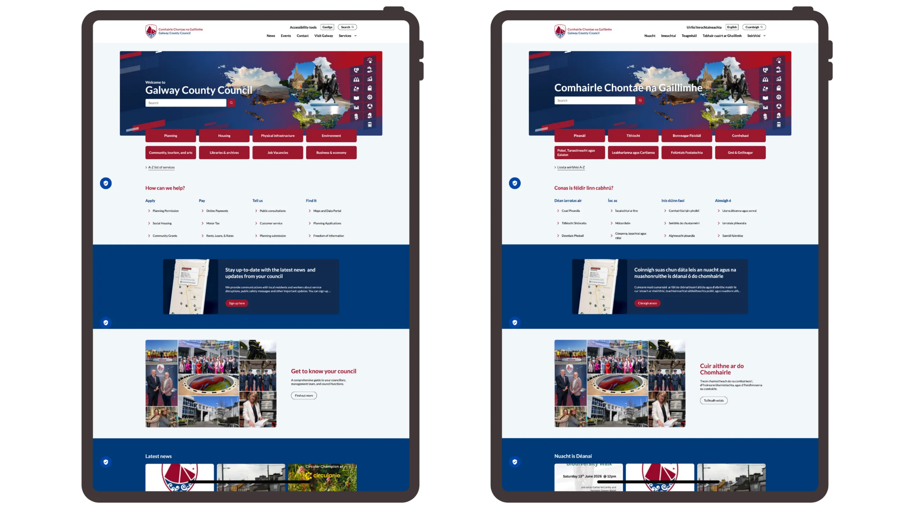 The Galway County Council website, in English and Irish, is on two tablet screens.
