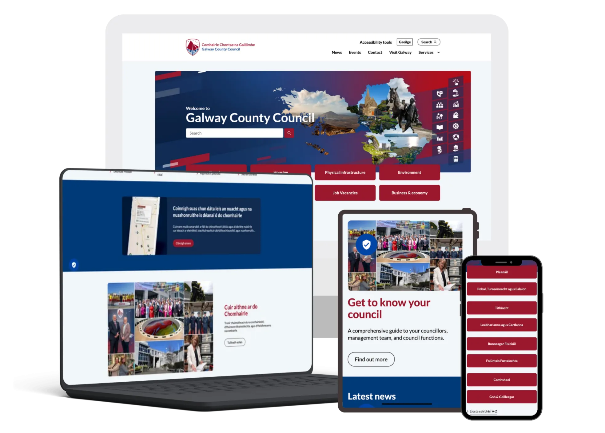 The new Galway County Council website, in Irish and English, is displayed across laptop, computer, tablet and phone screens.